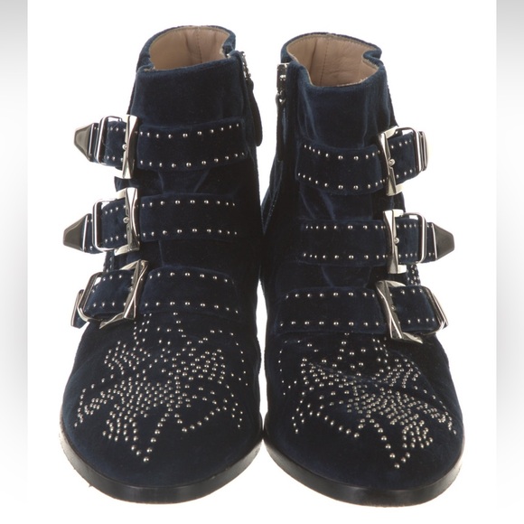 Chloe Susanna Studded Booties in Navy Velvet - Picture 2 of 6